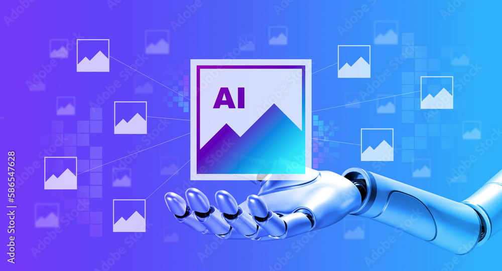 Poster ai generated photo concept. picture, digital arts or photo icon on robot humanoid hand, ai images ge