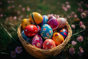 Fototapeta premium Beautiful close-up photo of colorful and vibrant easter eggs in a basket made with generative AI