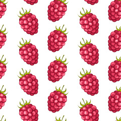 Natural fresh organic forest raspberry with green leaves. seamless pattern vector illustration. Bright, red, juicy, summery, fruity. for wrapping paper and textiles,clothing design and food packaging