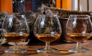 Tasting of aged french cognac brandy alcoholic drink in old cellars of cognac-producing regions Champagne or Bois, France