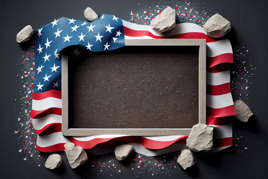 Frame made of American flags and confetti stars on concrete stone. Banner template for USA Memorial day. Generative Ai