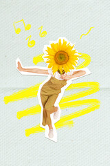 Vertical photo collage 3d illustration of funny positive headless girl sunflower instead of head...