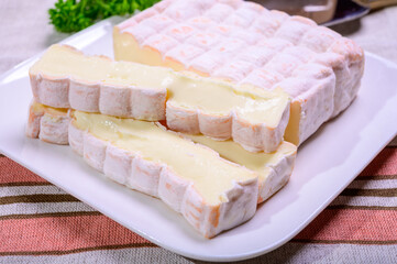 French cheeses collection, yellow Vieux Pane cheese with white mold