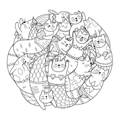 Cute mermaid cats circle shape coloring page. Doodle mandala with funny feline animals for coloring book. Outline background. Vector illustration - 586548036