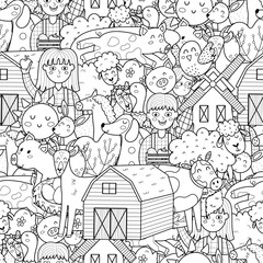 Cute farm characters black and white seamless pattern. Coloring page with funny animals and farmers. Outline background for coloring book. Vector illustration