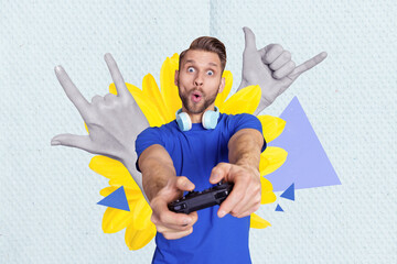 Photo collage artwork minimal picture of impressed funky guy enjoying playstation game isolated...