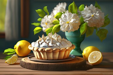 Beautiful Lemon Meringue Pie on a Wooden Table with Spring Flowers (Generative AI)