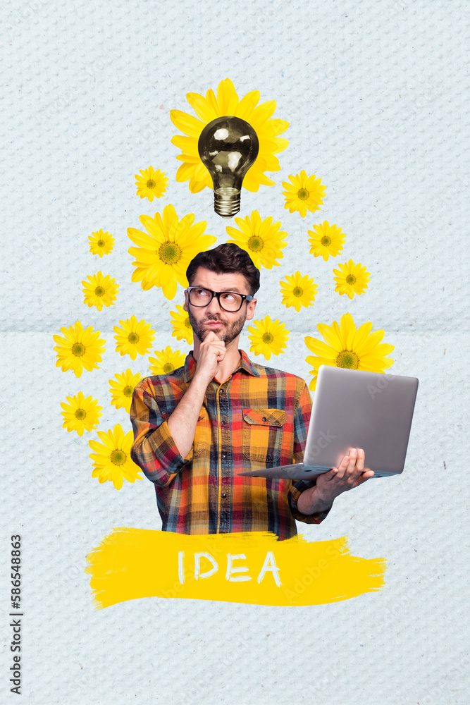Poster exclusive magazine picture sketch collage image of smart clever guy working modern device having gre