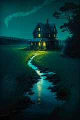 Fototapeta premium A house in the middle of a field at night. Generative AI