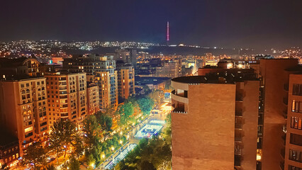 Aerial view of Yerevan city center in the night with lights