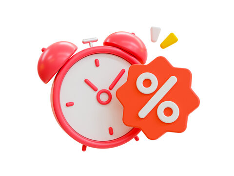 3d minimal Special discount offer icon. Flash sale reminder. Special big sale offer. Alarm clock with a percent tag. 3d illustration.