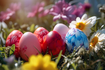 Fototapeta na wymiar Beautiful close-up photo of colorful and vibrant easter eggs made with generative AI