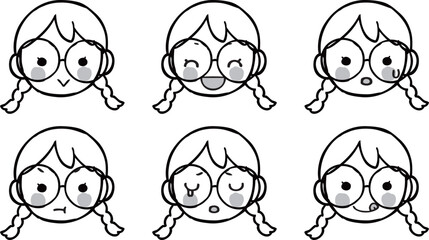 いろいろな表情の眼鏡の女の子のイラストセット　モノクロ