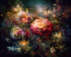 bouquet of colorful fantasy flowers. Floral background. Floral wallpaper or greeting card.Artificial Flowers wall background with flowers. Backdrop of colorful blossoms. Generative AI.