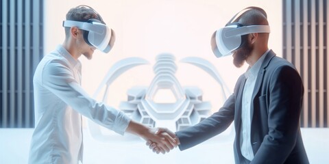 Getting in to Metaverse, Businessmen engaging in a handshake with Virtual Reality glasses. Inside the game.  Business cooperation, mergers and acquisitions,  finance and investment background