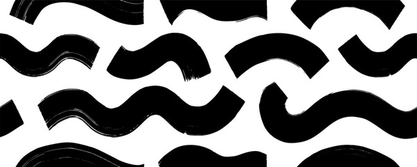 Hand drawn seamless wavy pattern. Curly grunge paint lines. Sea, rivers or ocean abstract waves. Horizontal wavy bold brush strokes. Abstract vector geometric pattern. Black and white ornament.