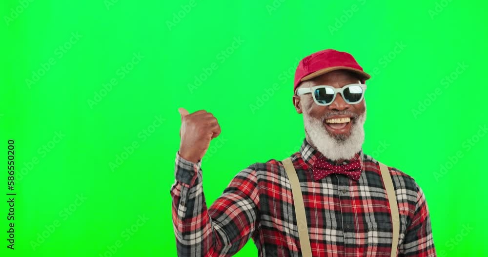 Poster funky, green screen and a senior black man pointing to mockup space with a hand gesture in studio. f
