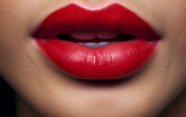 Fototapeta premium Close up red lips of woman. Generative AI technology.