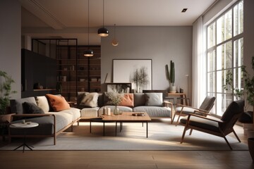 Naklejka na ściany i meble cozy living room with a large window and comfortable furniture. Generative AI