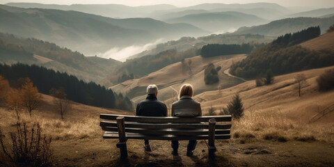 hugged couple are sitting a bench looking at the landscape Generative AI