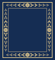 Fototapeta na wymiar Decorative frame Elegant vector element for design in Eastern style, place for text. Floral golden and dark blue border. Lace illustration for invitations and greeting cards