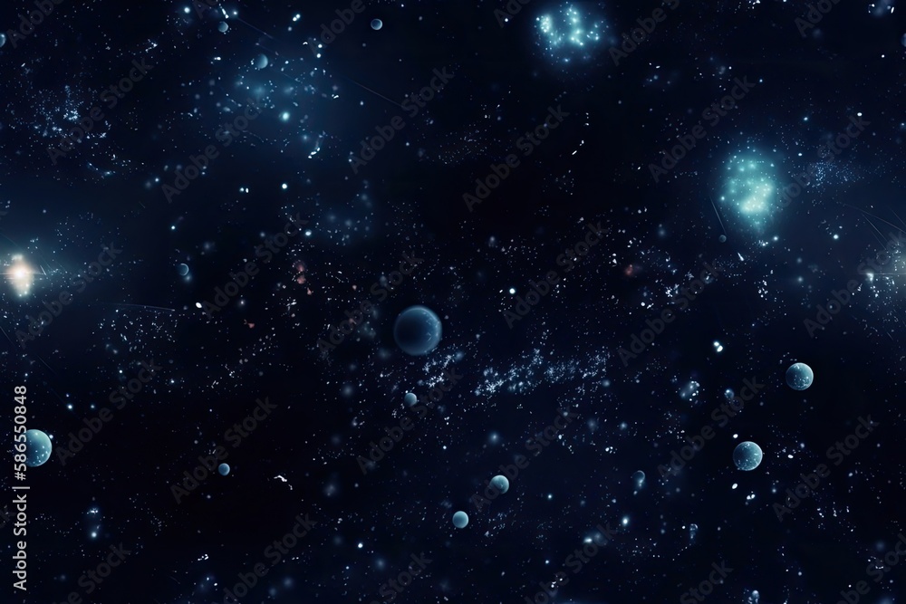 Poster colorful and vibrant space scene with multiple planets and stars. generative ai
