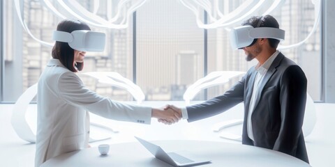 Getting in to Metaverse, Businessmen engaging in a handshake with Virtual Reality glasses. Inside the game.  Business cooperation, mergers and acquisitions,  finance and investment background