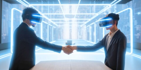 Getting in to Metaverse, Businessmen engaging in a handshake with Virtual Reality glasses. Inside the game.  Business cooperation, mergers and acquisitions,  finance and investment background