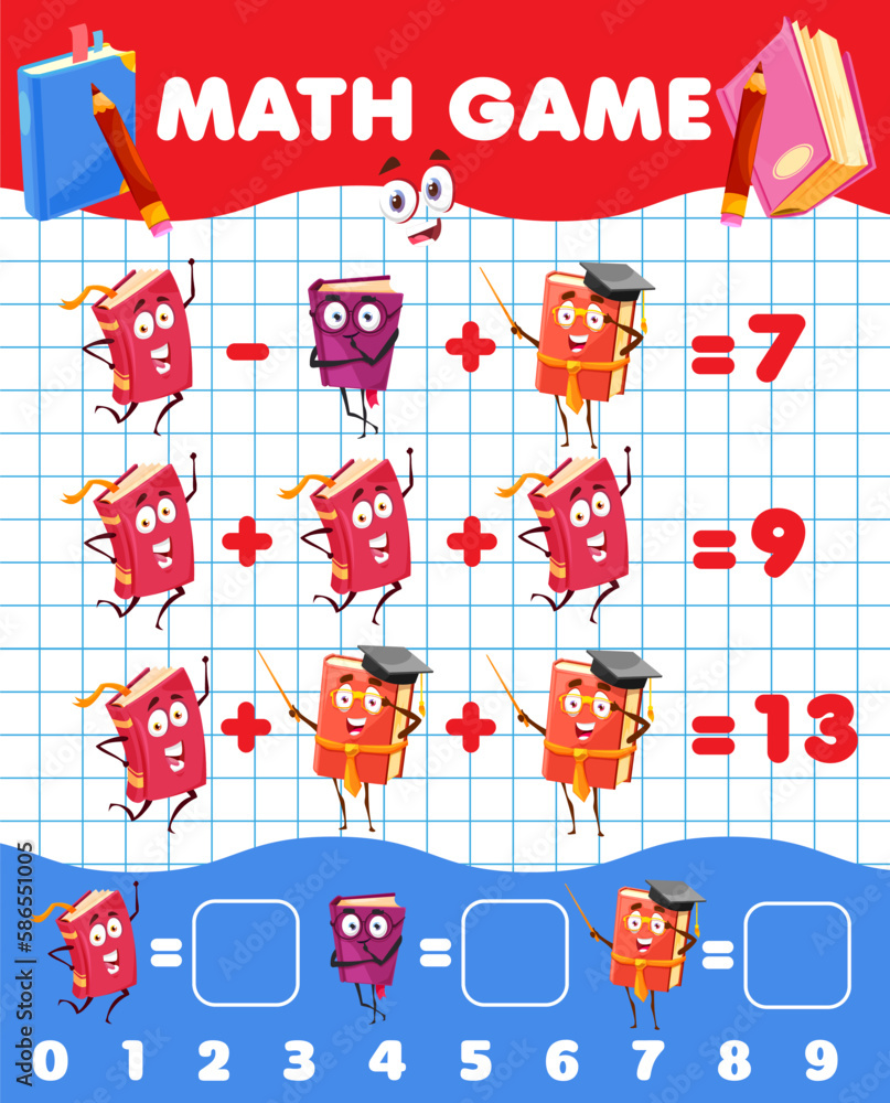 Poster cartoon books and textbooks math game worksheet. vector mathematics riddle page for addition and sub