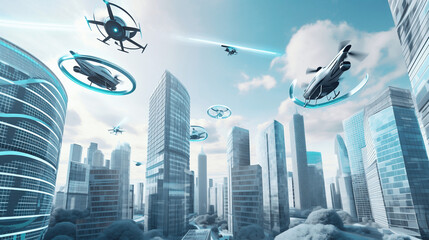 Futuristic city with flying objects - Illlustration - Future Vision