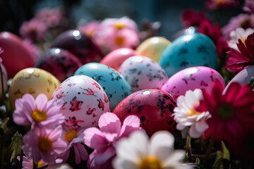 Beautiful close-up photo of colorful and vibrant easter eggs made with generative AI
