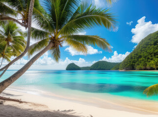 Naklejka na ściany i meble tropical beach with palm trees and sea background