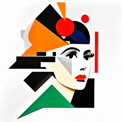 Fototapeta na wymiar Woman face constructivism style cubism. Different geometric shapes brush stroke painting illustration