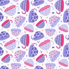 Gordijnen Cute and colorful seamless pattern with handmade ceramic mugs with trendy patterns. Can be used for wrapping paper, bedclothes, notebook, packages, gift paper. Hand drawn vector clipart © Ana Tivikova