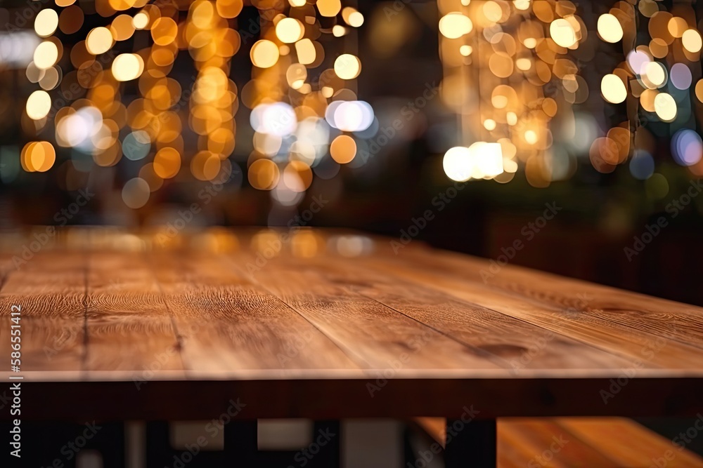 Poster wooden table with bokeh lights in the background. generative ai