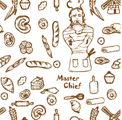 Vintage Bakery vector hand drawn doodle icons pattern with cook figurine bakery shop and baked goods.SEAMLESS PATTERN ON SWATCHES PANEL.Baker master chief ,business owner,cartoon character