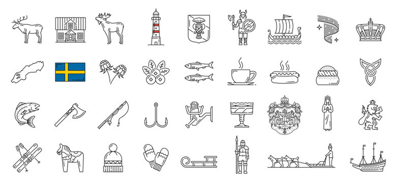 Sweden line, lineart, outline icons. Swedish history, food and landmarks symbols, European country travel pictograms, nature signs. Moose and deer, coat of arms, salmon and herring fish, viking ship