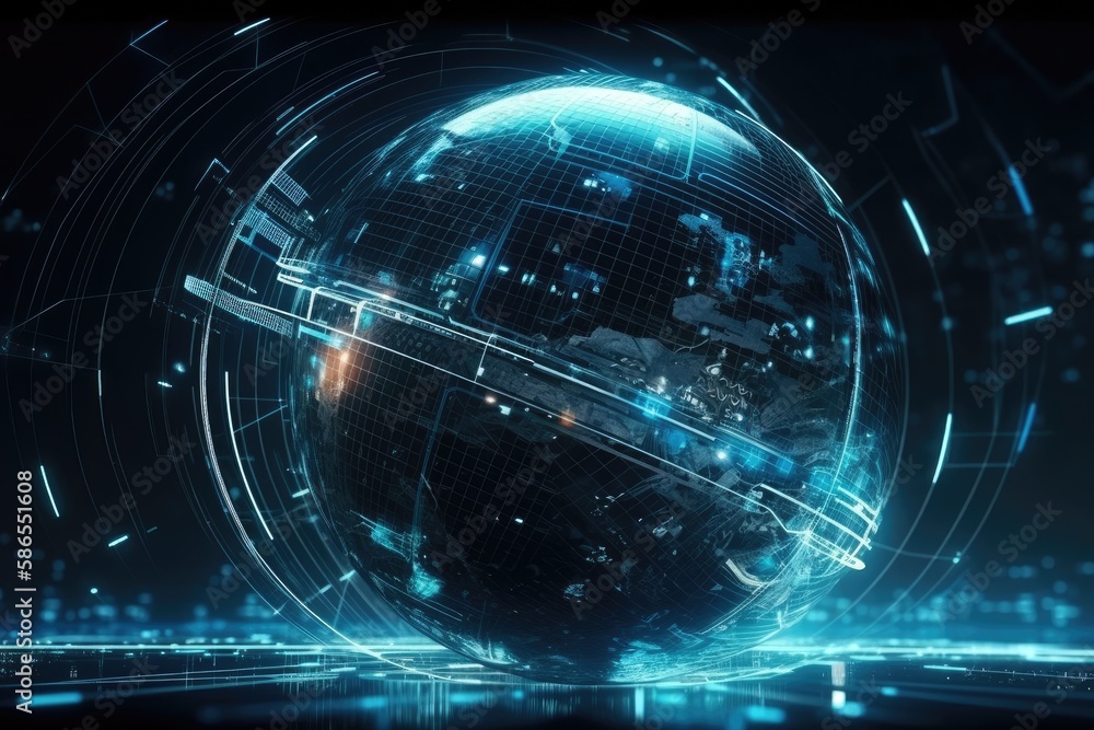 Poster globe with lines and dots representing global connectivity and communication. generative ai
