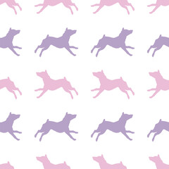 Running miniature pinscher puppy isolated on a white background. Seamless pattern. Endless texture. Design for wallpaper, fabric, template, printing. Vector illustration.