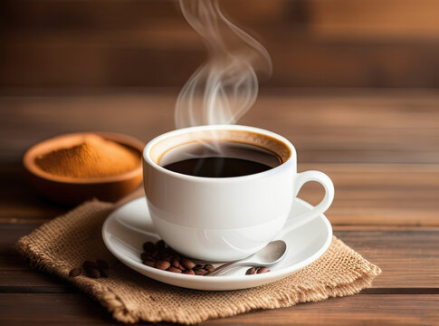 cup of coffee with beans background for product placement