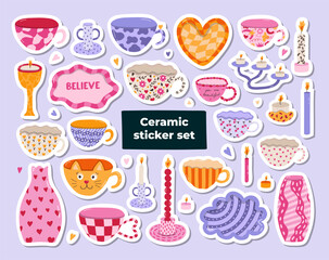 Set of stickers with ceramic household crockery and pottery in the style of 70s. Hand drawn vector doodle illustrations. Different vases, candlesticks, mug and teacups, plate for scandinavian home