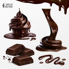 Realistic liquid chocolate cream. Dessert cake. Flowing natural chocolate paste and slices. 3d vector illustration set