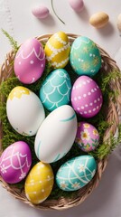 Fototapeta na wymiar Colorful Easter Egg and Decoration, Top View, Holiday Season, Banner for Mobile Devices