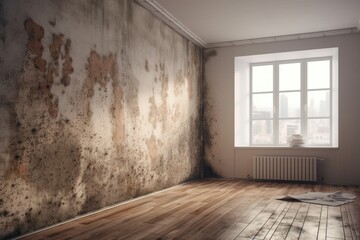 an abandoned room with a worn wooden floor and peeling wallpaper. Generative AI