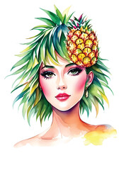 woman, flowers tropical leaves, abstract. Watercolor