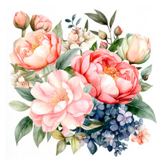 Watercolor floral bouquet spring flowers. Botanical illustration. Generative AI
