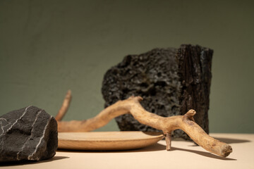 Podium for products cosmetics, food or jewellery against green background. Front view.	
