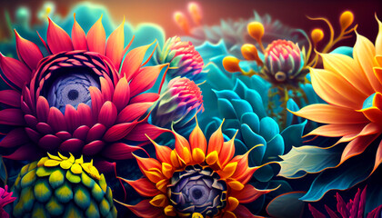 Beautiful colorful fantastic flowers as a bright floral background, generative AI