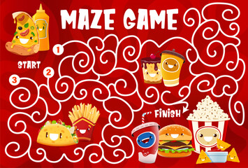 Labyrinth maze, funny cartoon takeaway fast food characters, vector game worksheet. Pizza, cheeseburger and taco with potato fries and popcorn as cartoon fast food on kids labyrinth escape puzzle quiz