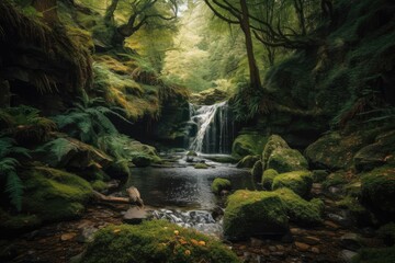 serene stream flowing through a dense, verdant forest landscape. Generative AI